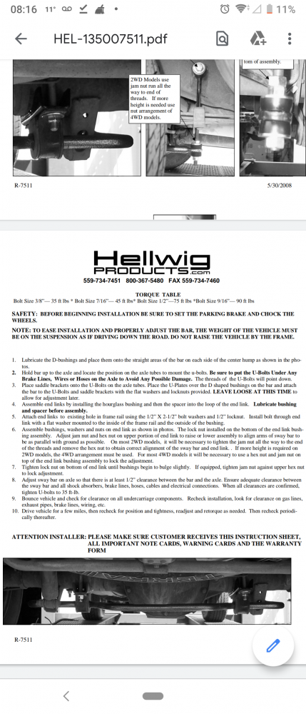2011 Rear Sway Bar Options