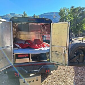 View of the sleeping platform in custom Leer contractor cap overlander