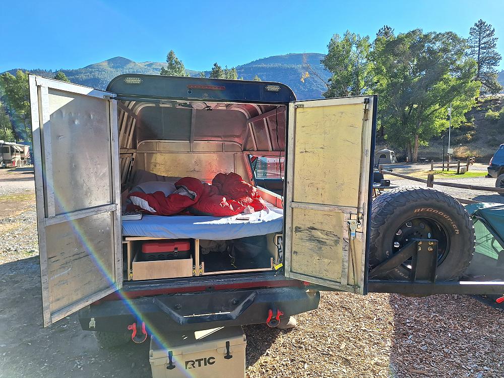 View of the sleeping platform in custom Leer contractor cap overlander