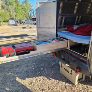 Custom slide out drawer in custom overlanding camper
