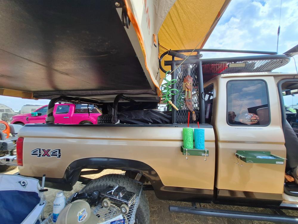 View of rooftop tent and bed bars