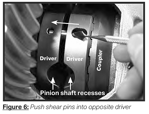Push shear pins into opposite driver