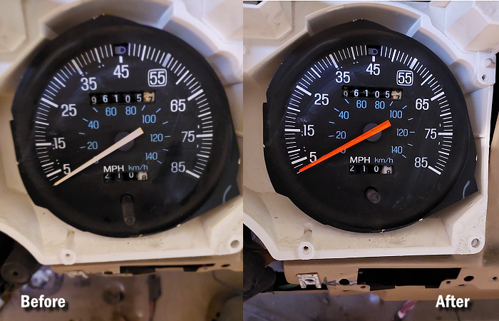 Painted speedometer needle before and after