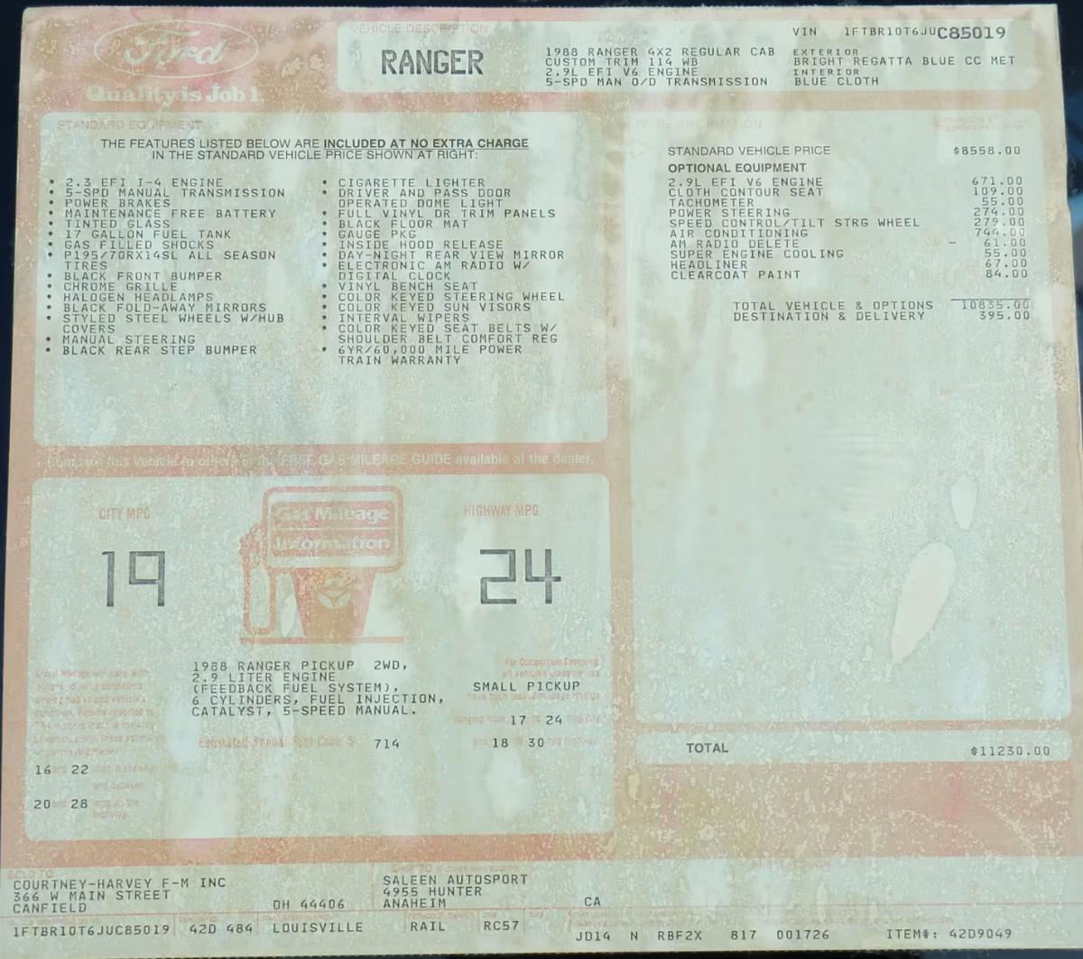 Saleen Ford Ranger Window Sticker