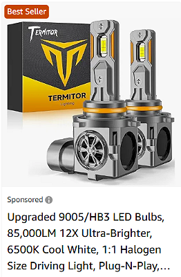 Advertisement claiming 9005 LED bulbs produce 85,000 Lumens