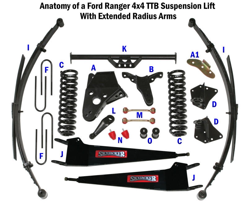 Anatomy of a Ford Ranger 4x4 TTB Suspension Lift With Extended Radius Arms Image With Labels A-O
