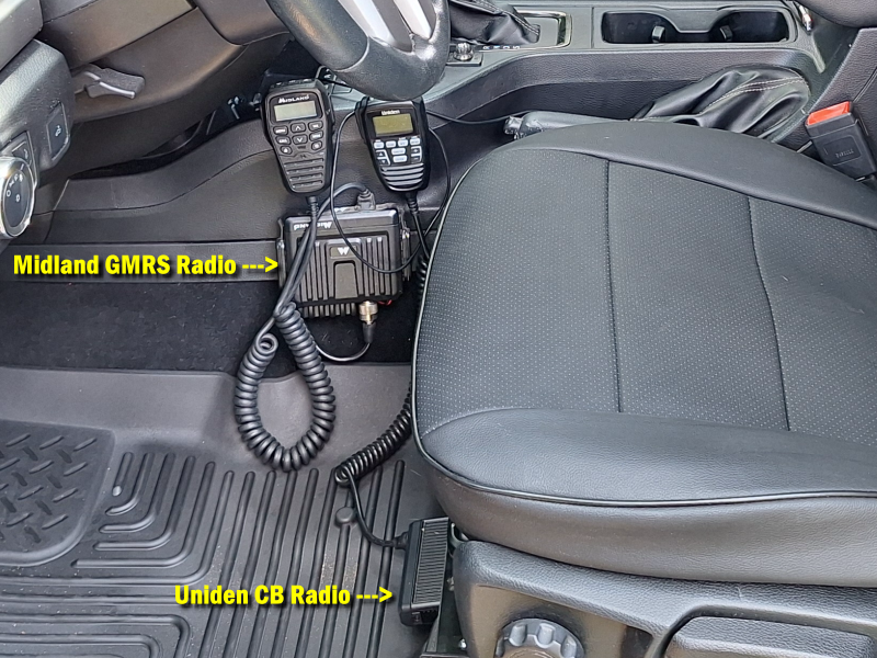 GMRS radio mounted to the side of the center console