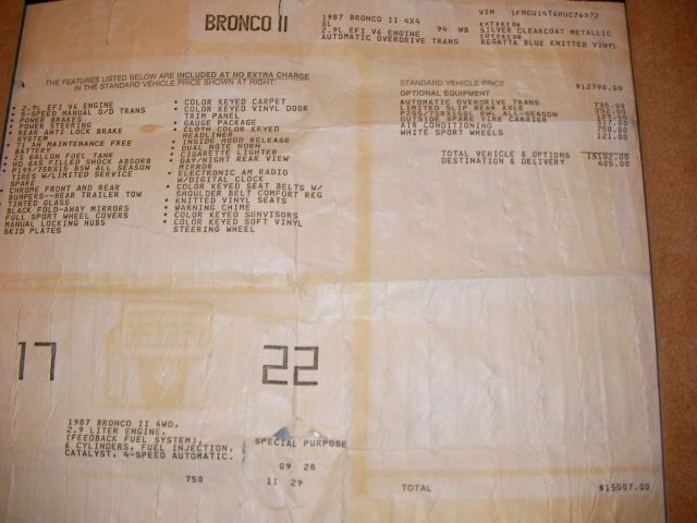Sherrod Bronco II dealer window sticker