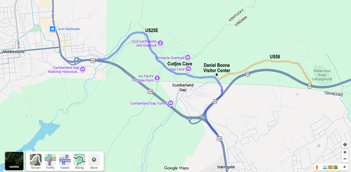 Map of old US 25E route over the Cumberland Gap